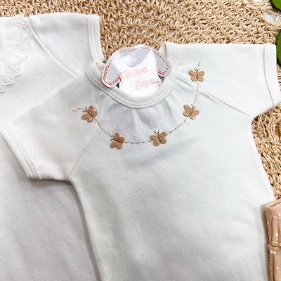 Conj. de Malha 3 peças - Borboletas com Poá - Areia e Off White